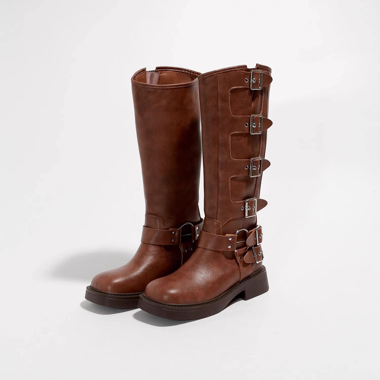 

Leather retro but knee boots women s autumn 2025 new leather buckle western cowboy boots metal knight boots 40 темно-коричневого