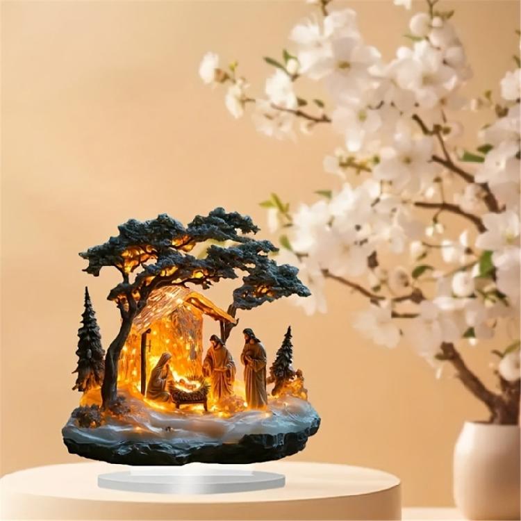 Christmas Nativity Scene Acrylic Tabletop Figurine with Base Religious Story Holy Family Statue for Indoor Decoration