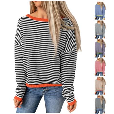 Damen-Pullover mit kontrastierenden Streifen und schulterfrei, lockere und vielseitige Langarm-Oberbluse