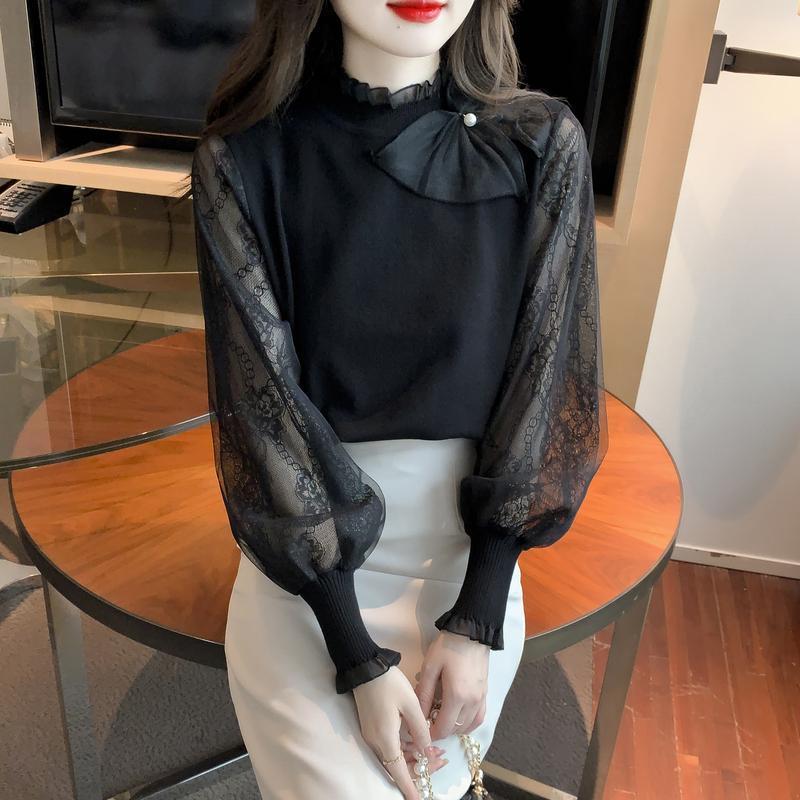 Temperament Spinning Spitze Laterne Ärmeln Gestrickte Pullover Stehkragen Rüschen Bodenbildung Top Weibliche Lange Hülse Knittwear