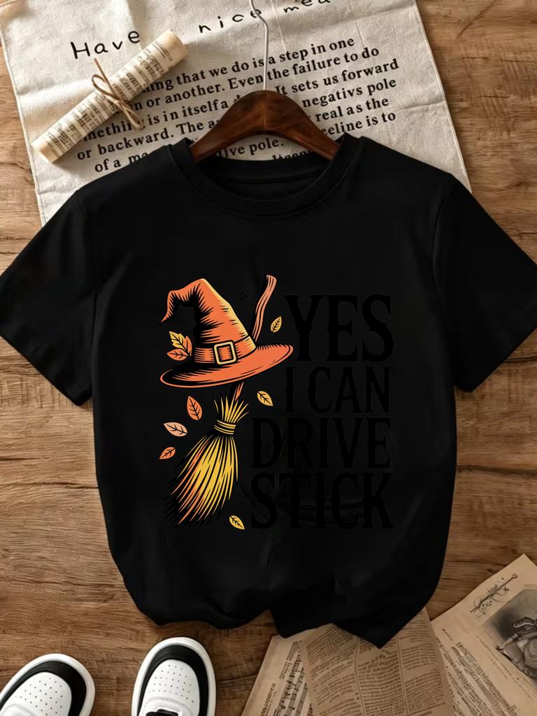 Women's Yes I Can Drive a Manual Transmission Witch Broom Print T-Shirt - Loose Fit Round Neck Cas