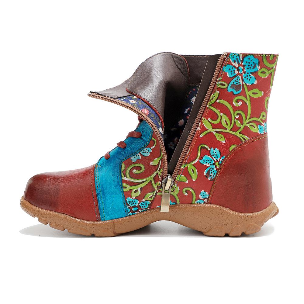 Johnature Damen-Stiefeletten im Ethno-Stil, handgefertigt, aus echtem Leder, mit Kontrastdruck, zum Schnüren, flache Schuhe, kurze Stiefel