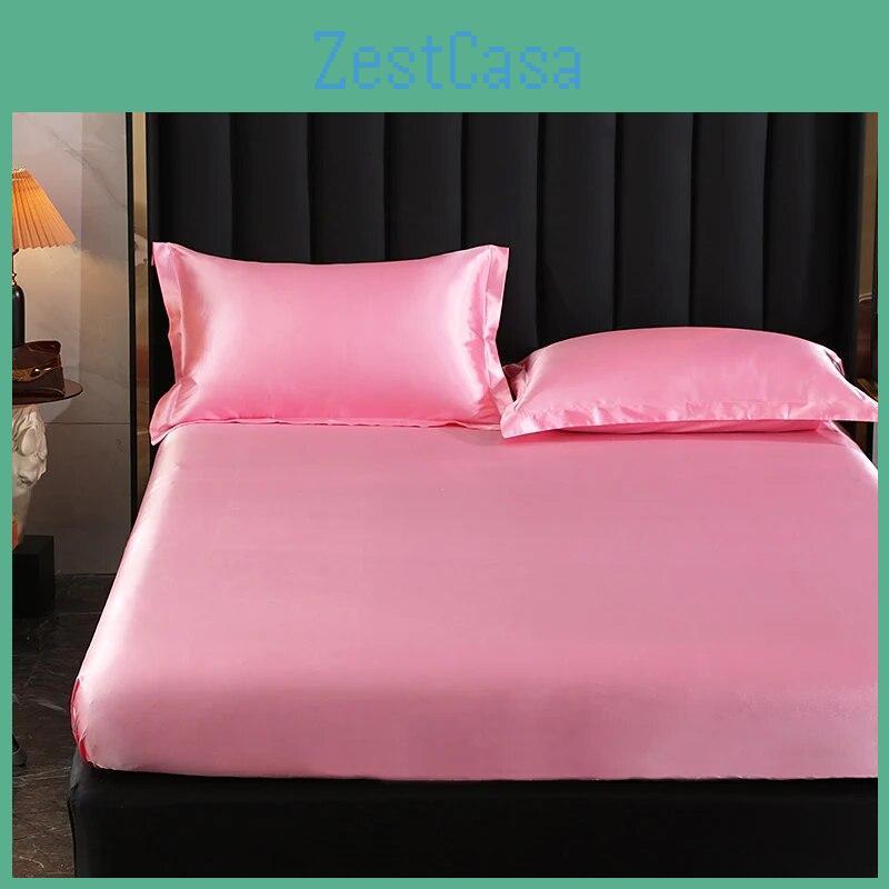 Mattress Sheet Fitted Highend Cover Solid Color Luxury Satin Fit Sheet Elastic Band Bed Sheet Double Queen Size Bedsheet