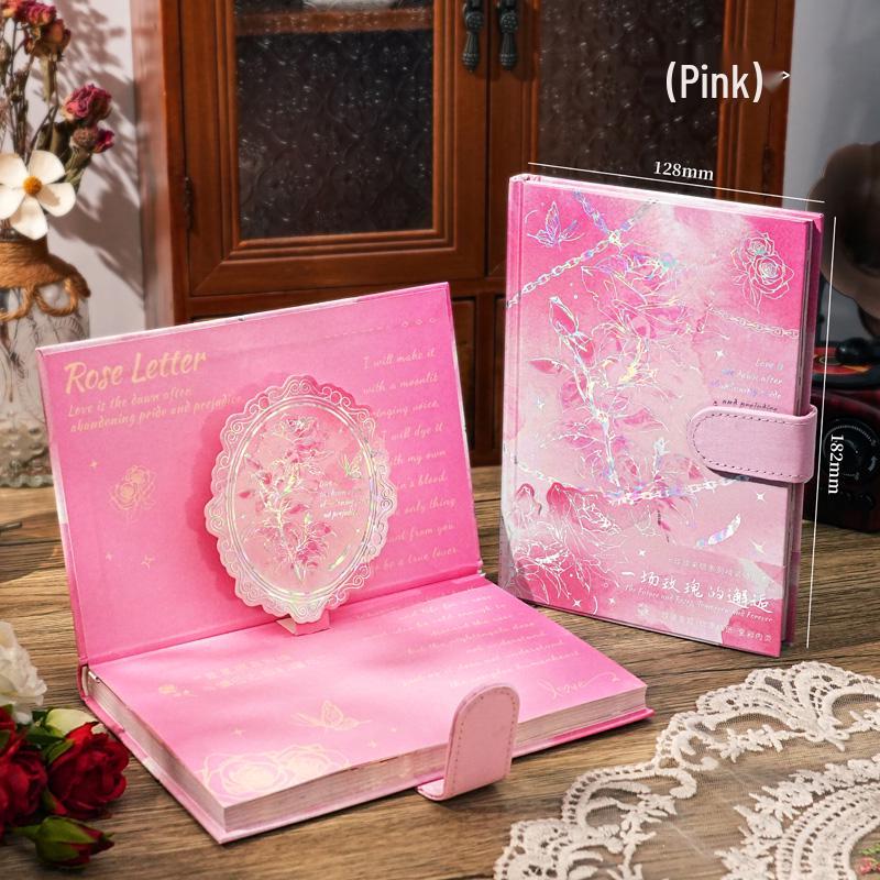 Rose Butterfly Laser Stamped Notebook with Magnetic Buckle - Retro Style Student Diary