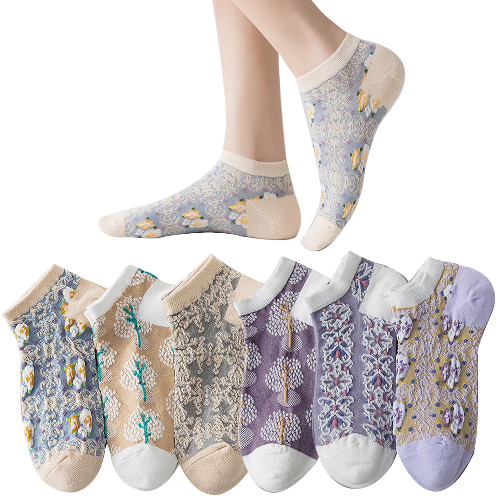 

и Милые Носки Женские Размеров Z2 с Цветочной Вышивкой, Весна, Осень, Зима, Набор из 6 пар, Хлопок, Носки средней плотности, Дышащие, Теплые,