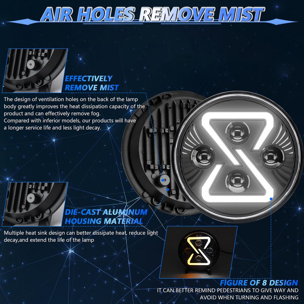 2 PCS Auto-LED-Scheinwerfer, 7 Zoll wasserdichte runde Motorrad-Scheinwerfer mit Fernlicht und Abblendlicht