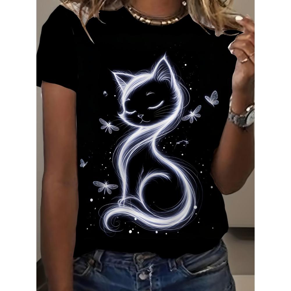 Elegant cat print T-shirt, fashionable casual women s clothing, women s clothing XL