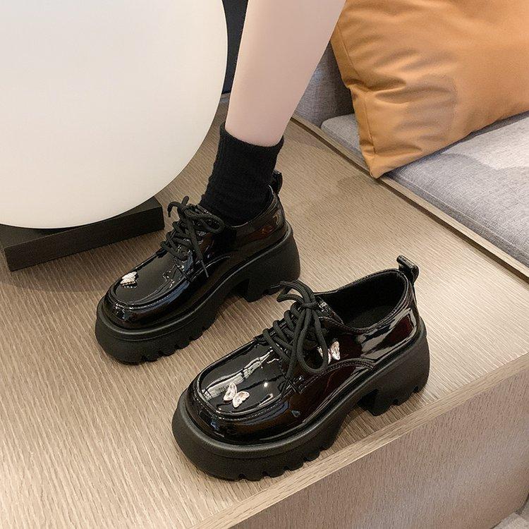 Designer Black Lace-up Casual Shoes Women's College Style Korean Cute Bow Embellished with Thick Sole English Style Basic Style