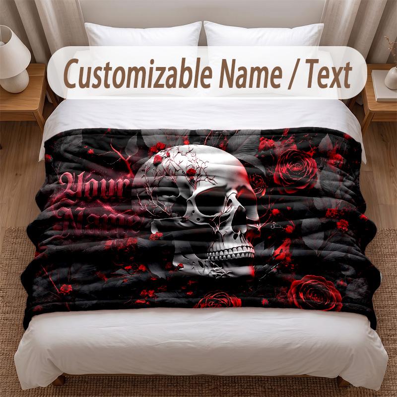 Skull Gothic Theme Soft Blanket Personalized Custom Name Text Print Warm Blanket Home Sofa Bedroom Decor