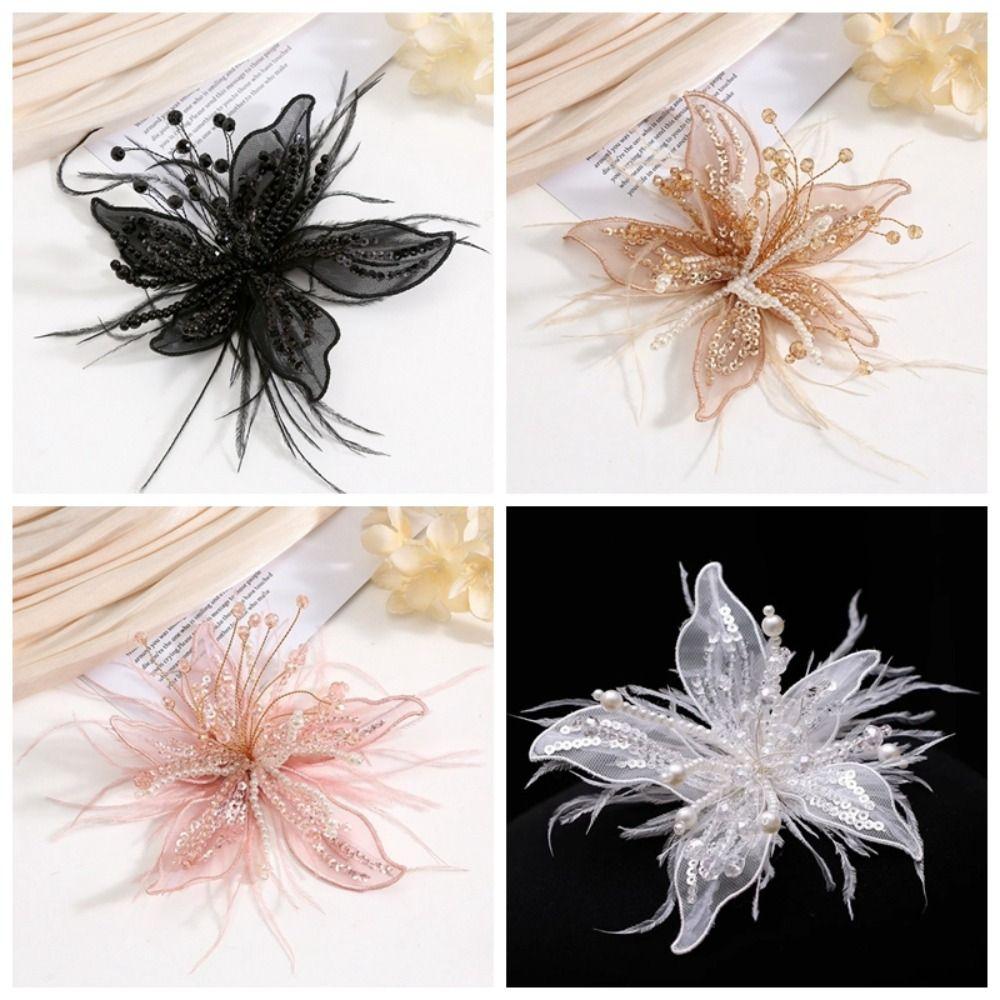 Vintage Sequin Lace Feather Hair Clip Mesh Beads Flower Hairpin Headwear Edge Clip Bridal Wedding Headwear Girl/Women