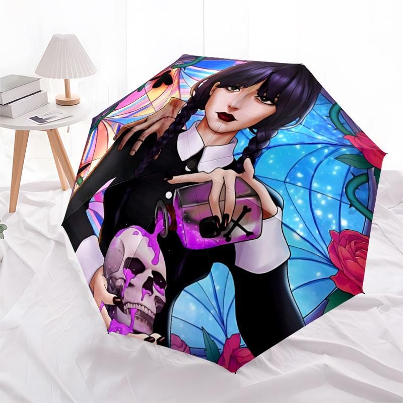 1pc Wednesday Automatic Folding Umbrella - Compact 8-Rib Design, Durable Plastic & Iron, Perfect Gift for Friends & Family, Outdoor Umbrella, Fashiona