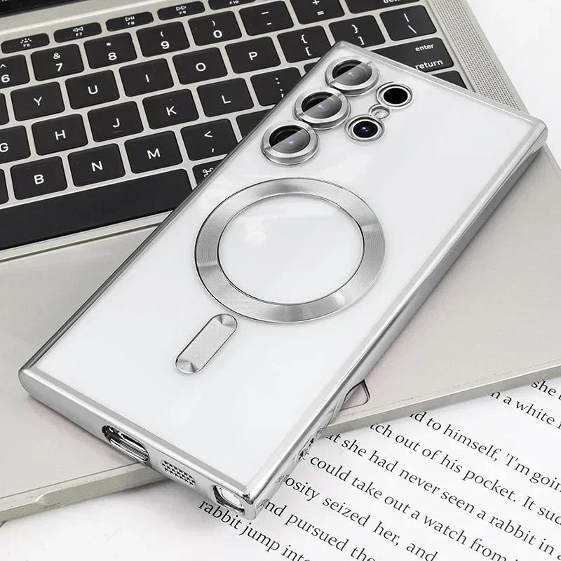 

Plating Transparent Magsafe Case for Samsung Galaxy S25 S24 S22 S21 S23 Ultra Plus Magnetic Wireless charge Silicone Soft Cover For S25