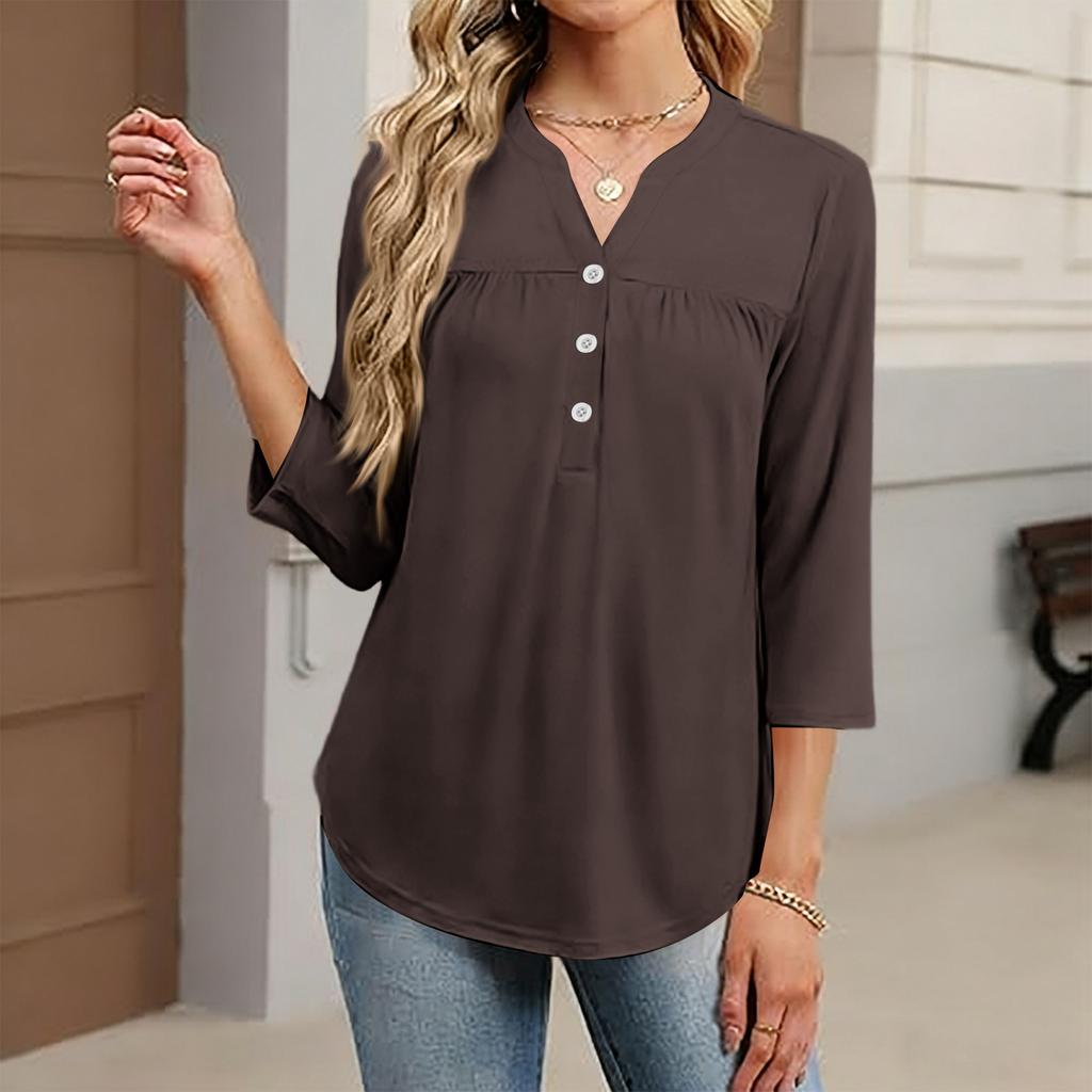 Women's Fashionable Casual Color V-Neck Decorative Button Three-Quarter Sleeve T-Shirt Top