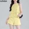 VONDA 2PCS Women Sets Sleeveless Ruffled Tanks and Elastic Waist Shorts Texture Outfits