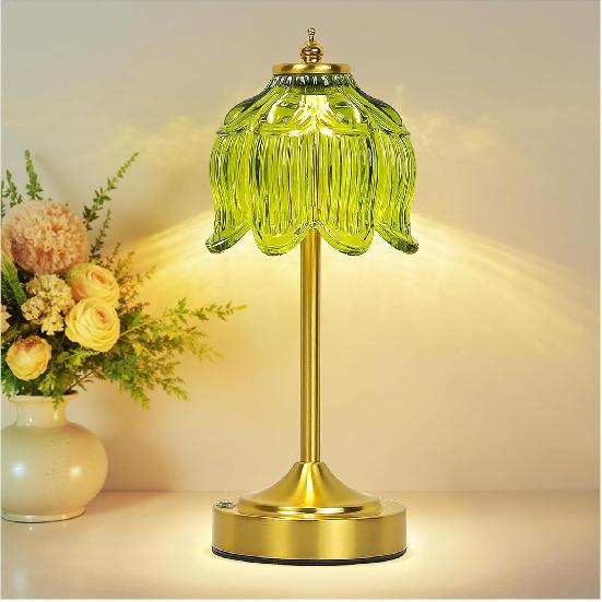 Cordless Table Lamp, Rechargeable Amber Glass Lotus Flower Lamp | 5200mAh touch lamp with 3 color modes and stepless dimming, battery operated lamp