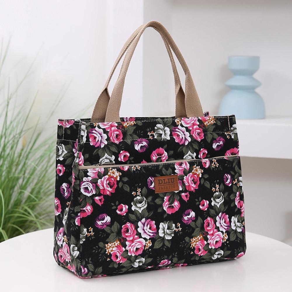 Zipper Floral Print Tote Bag Portable Mommy Bag Portable Canvas Lunch Bag  For Mom