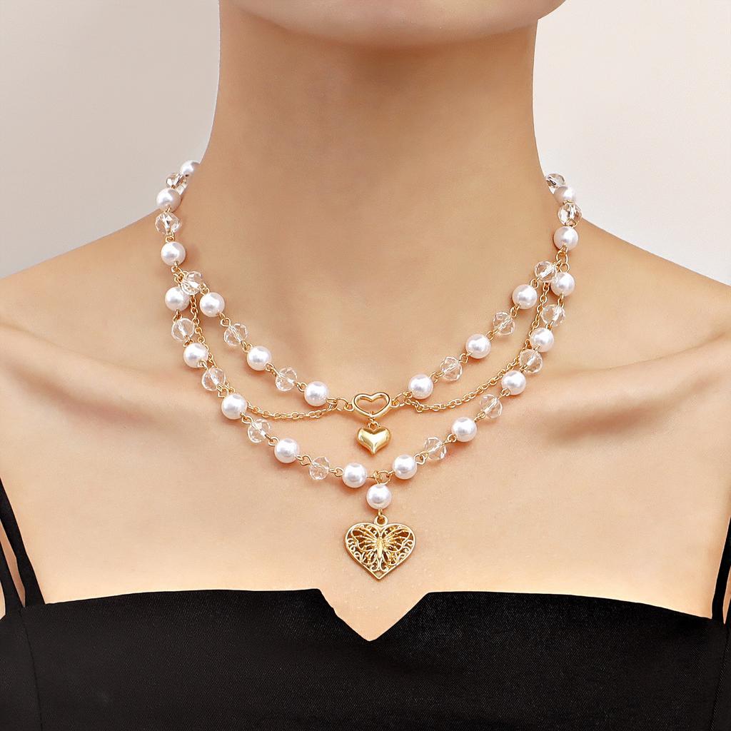 Design Double-layer Bright Imitation Pearl Tassel Love Butterfly Cross Necklace Versatile
