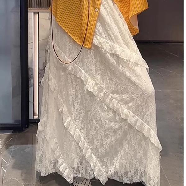 

Qooth French Lace Midi Skirt Asymmetrical Ruffled White A Line Skirt Elegant Sweet Skirts QT2602 One Size бежевий