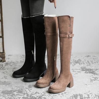Wildleder Overknee-Stiefel Winterliche faltbare Lammwoll-Schneestiefel Damen Dicke hochhackige Samt-Overknee-Elastikstiefel