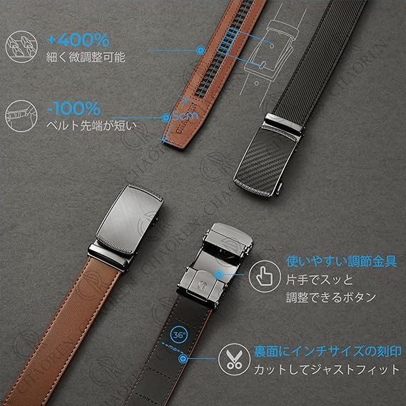 [CHAOREN] Men's Belt Set of 2 - Business - Large Sizes - Automatic Locking Belt - No Holes - Leather - Infinitely Adjustable - Suitable for Suits and