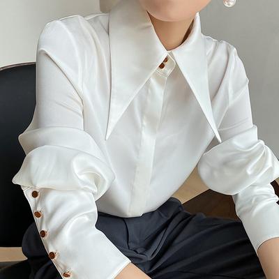 Chic Vintage Women Blouse Elegant Single-breasted Satin Silk Women Shirt Autumn  White Casual Ladies Shirts Tops Blusas 16946
