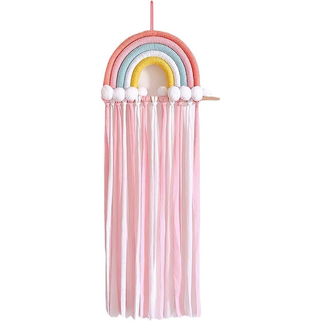 Rainbow Macrame Bow Holder Hanging Hair Bow Organizer for Girls, Hair Clip Holder Hair Clips Headband Storage Hanger Boho Wall Decor