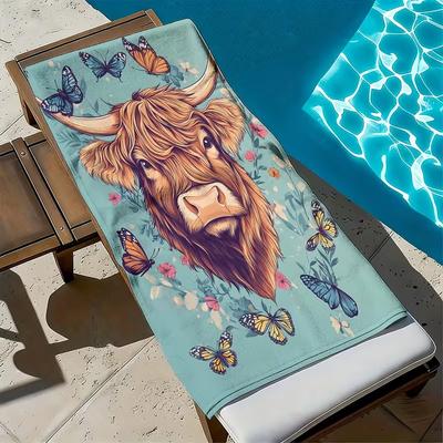 Highland Cow Butterfly Floral Print Beach Towel Quick Dry Sandproof Western Country Animal Towel for Pool Yoga Camping