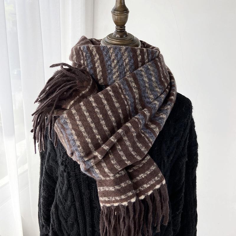Women Winter Retro Knitted Scarf Headscarf Ladies Men Casual Striped Tassel Warm Scarve Mujer Male Wrap Shawl Unisex New Korean