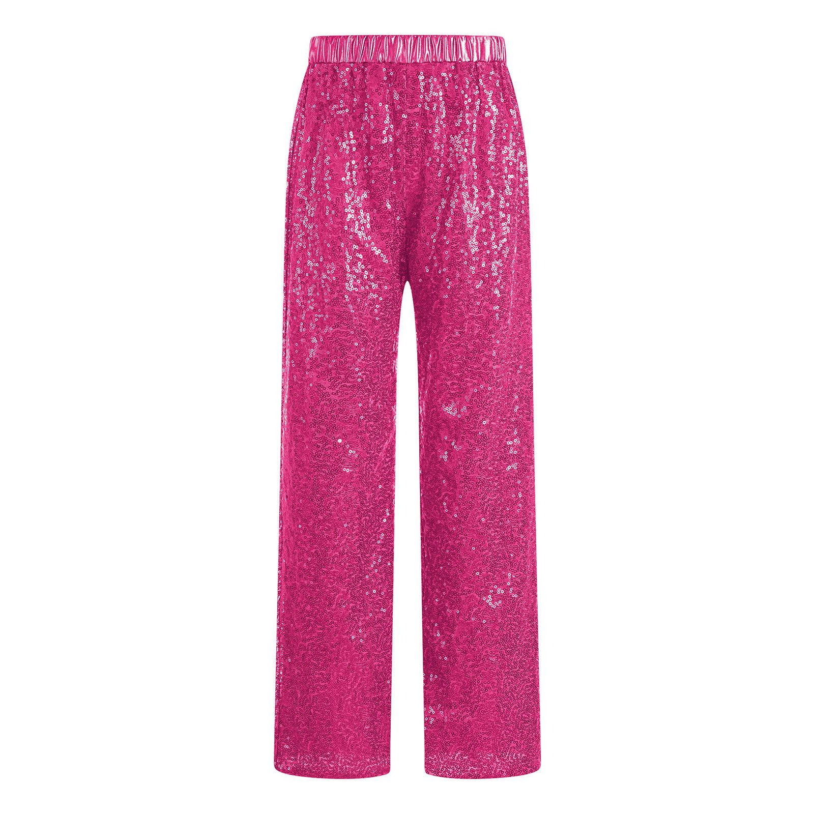 

Дівчачі блискучі брюки з паєтками, еластичний дизайн з високою посадкою, сценічний одяг для джазу 7-8 Years гарячі рожевого кольору