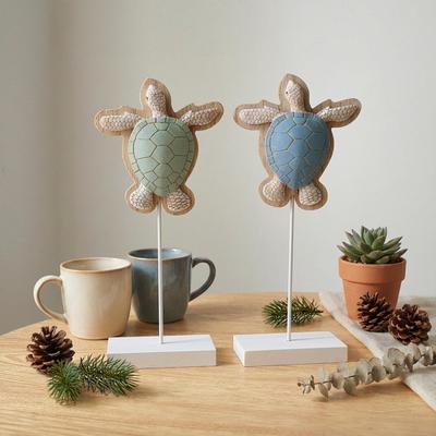 Nautical Sea Turtle Statue Rustic Standing Sea Turtle Block Sign Summer Ocean Tabletop Figurine with Wooden Base for Coastal Beach Home Decor