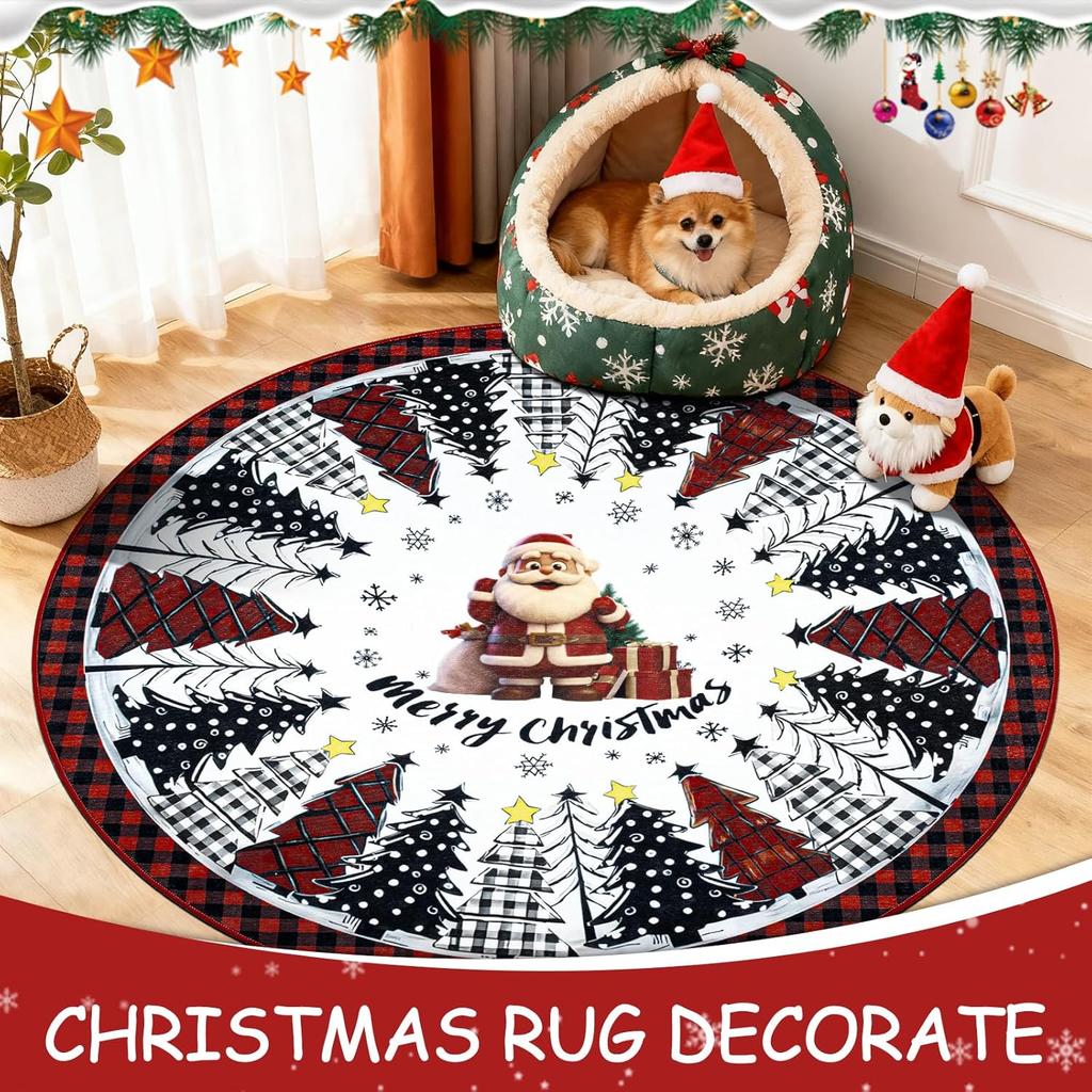 Merry Christmas Round Area Rug Non-Slip Low Pile Red Black Grid Xmas Tree Snowflake Carpet Farmhouse Washable Rugs Soft Xmas