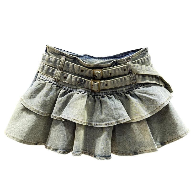 Summer ruffle edge denim skirt female retro spice girl age reduction and thin anti-light a-word pleated skirt