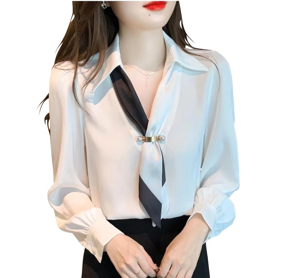 Fairy Stone Long Sleeve Chiffon Blouse with Ribbon and Solid Casual and Size Women's V-Neck, Color, Formal, B-53 (L, White)