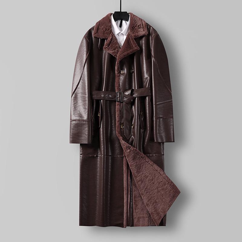 Men's Plus Size Fur-Lined Long Faux Leather Trench Coat