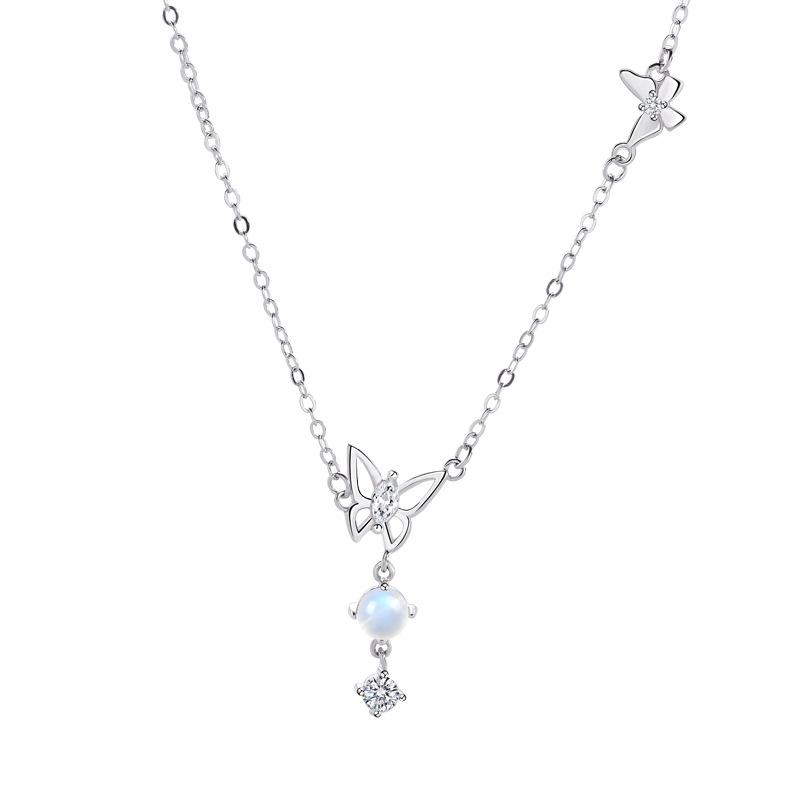 Moonlight Glazed Butterfly Necklace in S925 Sterling Silver - Sweet Heart Tassel Clavicle Chain