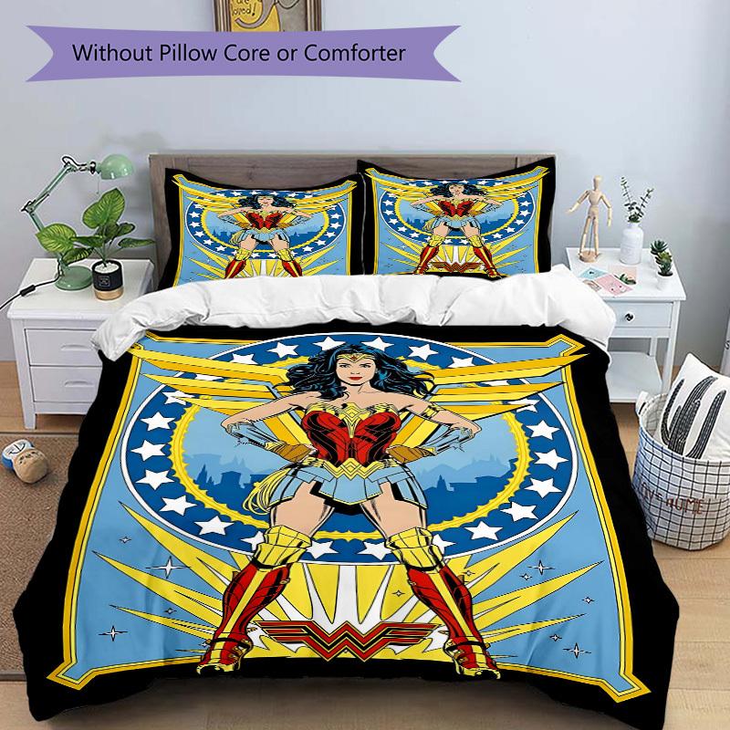 3dílná sada povlaků na přikrývku Wonder Woman, Měkký pohodlný povlak na peřinu, Pro pokoj pro hosty (1*Povlak na přikrývku + 2*Povlaky na polštáře, Bez výplně) yy251024036