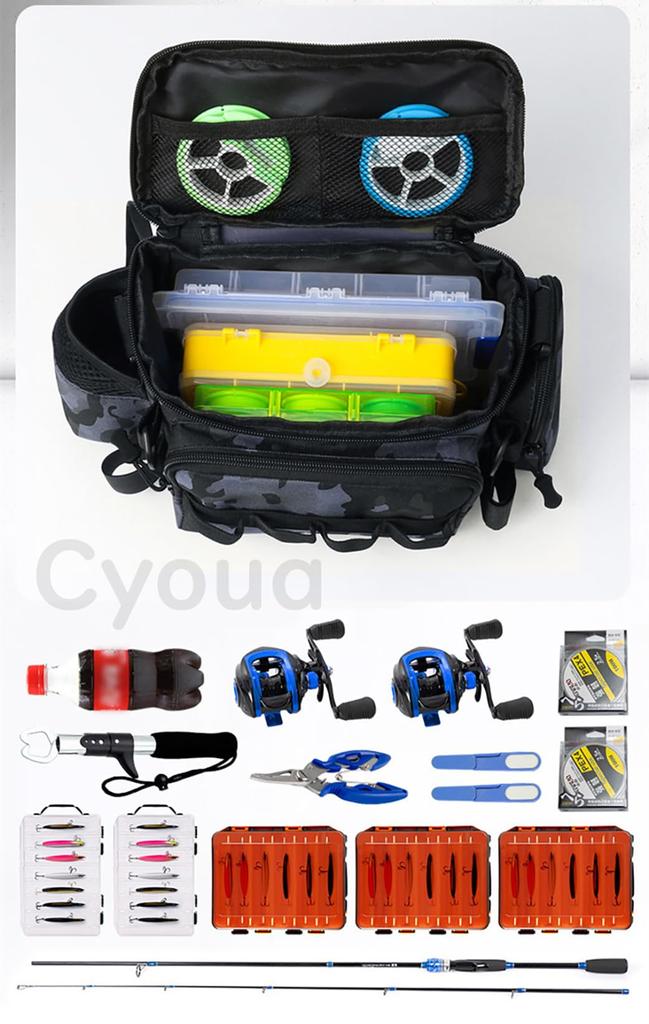 Cyoua Fiskepåse, Axelväska, Utrustningsväska, Enaxlad Väska, Stor Kapacitet, Vattentät, Multifunktionell, med 5 Karbinhakar (Svart Kamouflage)