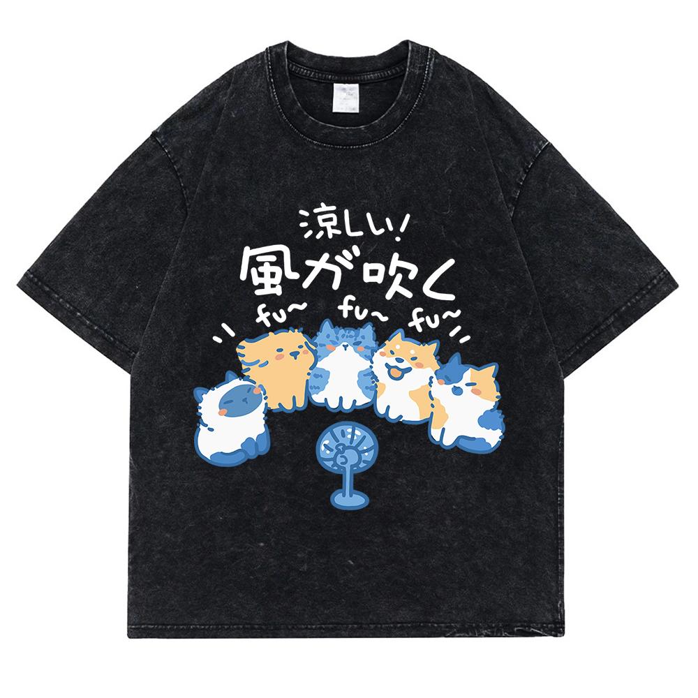 Cute Animals Blowing Fans Washed Retro Snow Clothes Men Loose Oversize T-Shirts Summer Cotton T-Shirt Casual Loose Tops