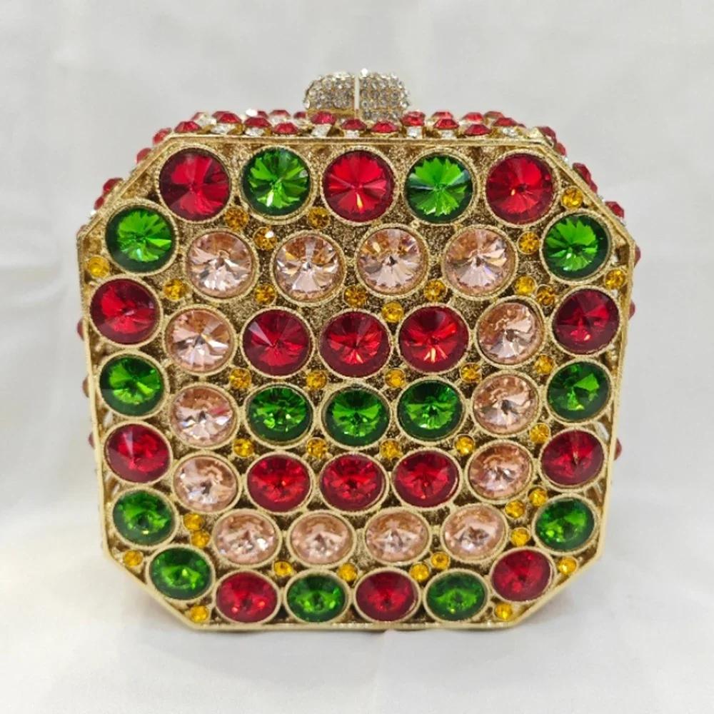 Green Rhinestone Evening Bag Pink/White Clear Gold Square Hard Metal Wedding Bridal Party Crystal Hanbag Minaudiere Purse