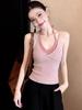 Fake Two Pieces Stacked with Pink V-neck Knitted Neck Sling Vest for Women's Summer Thailand Beautiful Short Sleeveless Top