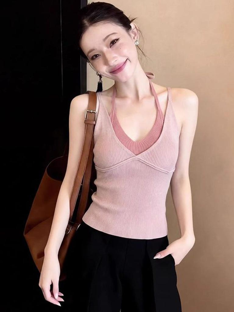 Fake Two Pieces Stacked with Pink V-neck Knitted Neck Sling Vest for Women's Summer Thailand Beautiful Short Sleeveless Top