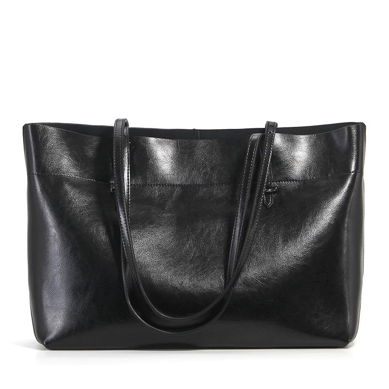 Large capacity tote bag women's genuine leather women's bag fashion oil wax cowhide large bag portable shoulder bag