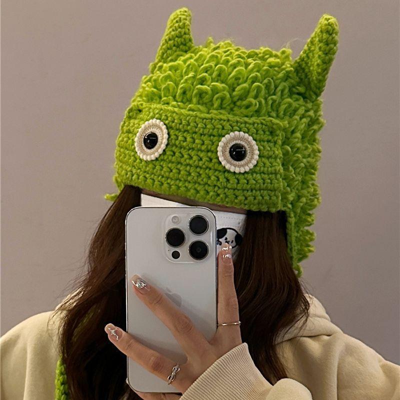 Green Funny Big Eyes Handmade Wool Knitted Hat Female Autumn And Winter Cute Little Monster Versatile Face Small Ear Protection Hat