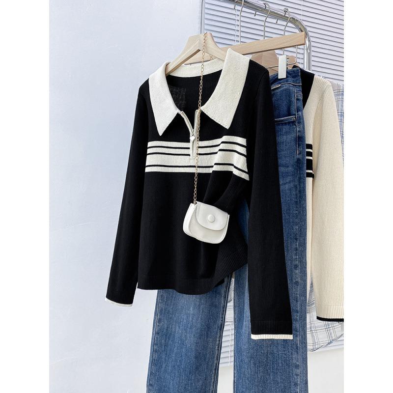 Herbst und Winter fette Schwester Halbzipper Farbblockierung Revers Gestrickter Pullover Damen Lockerer Pullover Bauchverstecker Fleischbodyshirt