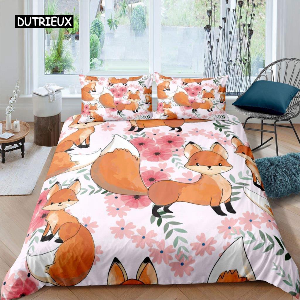 Fox Duvet Cover Set Girls Cartoon Fox Bedding Set Lovely Animal Theme Comforter Cover for Kids Teens King Polyester Quilt Cover