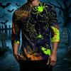 Men's Casual Halloween Print Crew Neck Three Quarter Sleeve T Shirt with Witch Bat and House Graphic for Holiday Theme
