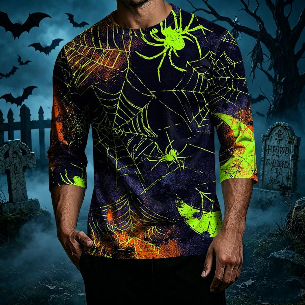 Men's Casual Halloween Print Crew Neck Three Quarter Sleeve T Shirt with Witch Bat and House Graphic for Holiday Theme