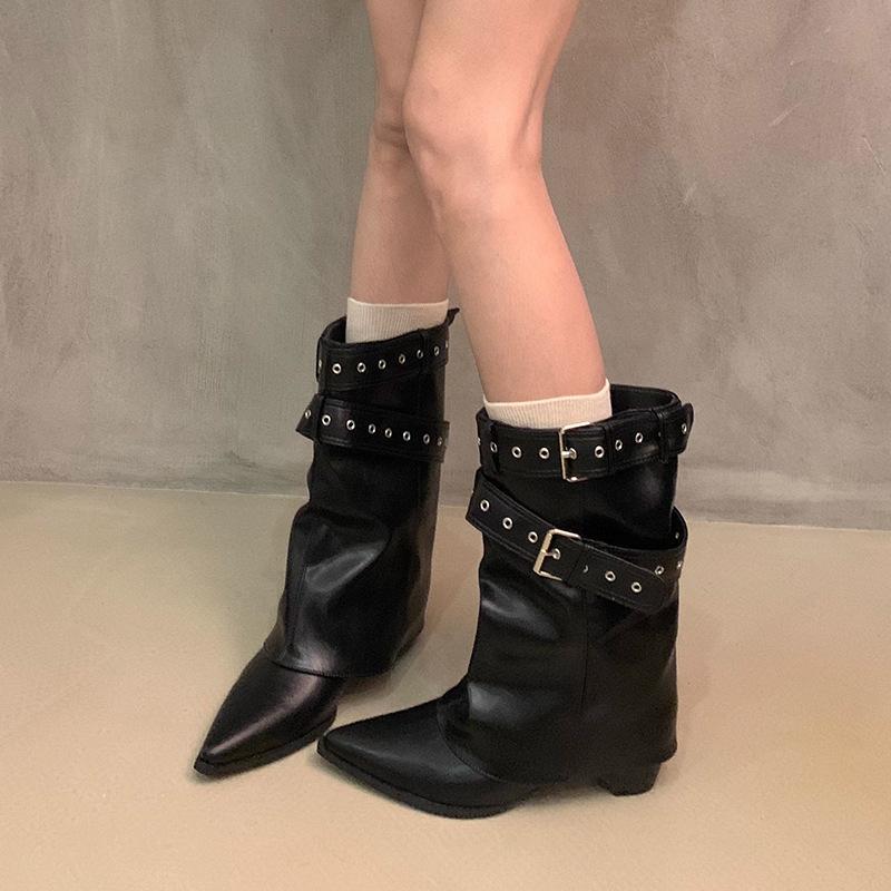 Retro Pointed Belt Buckle Short Boots Women's 2025 Autumn and Winter New Thin Babes But Knee-length Knight Boots