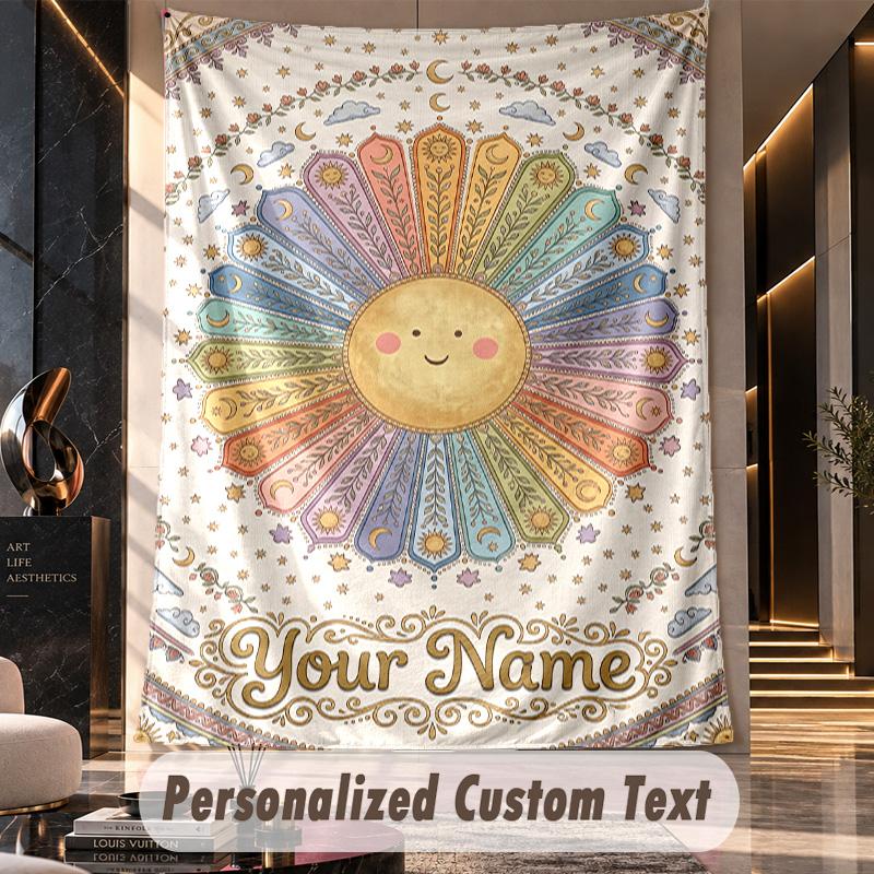 Sunflower Cow Garden 1 Theme Wall Tapestry Customized With Name Text Personalized Hanging Tapestry For Bedroom Living Room Decor