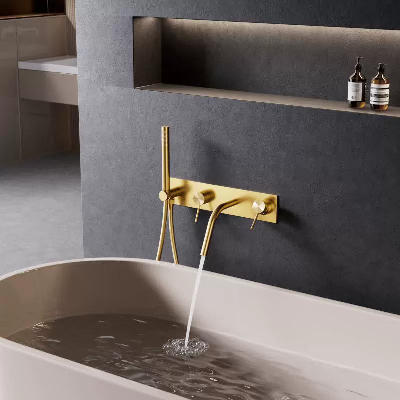 Brushed Gold In-wall Bathtub Faucet Widespread Bathtub Sink Mixer Tap Black Brass Bathroom Bath Shower Faucet Hand Shower Head